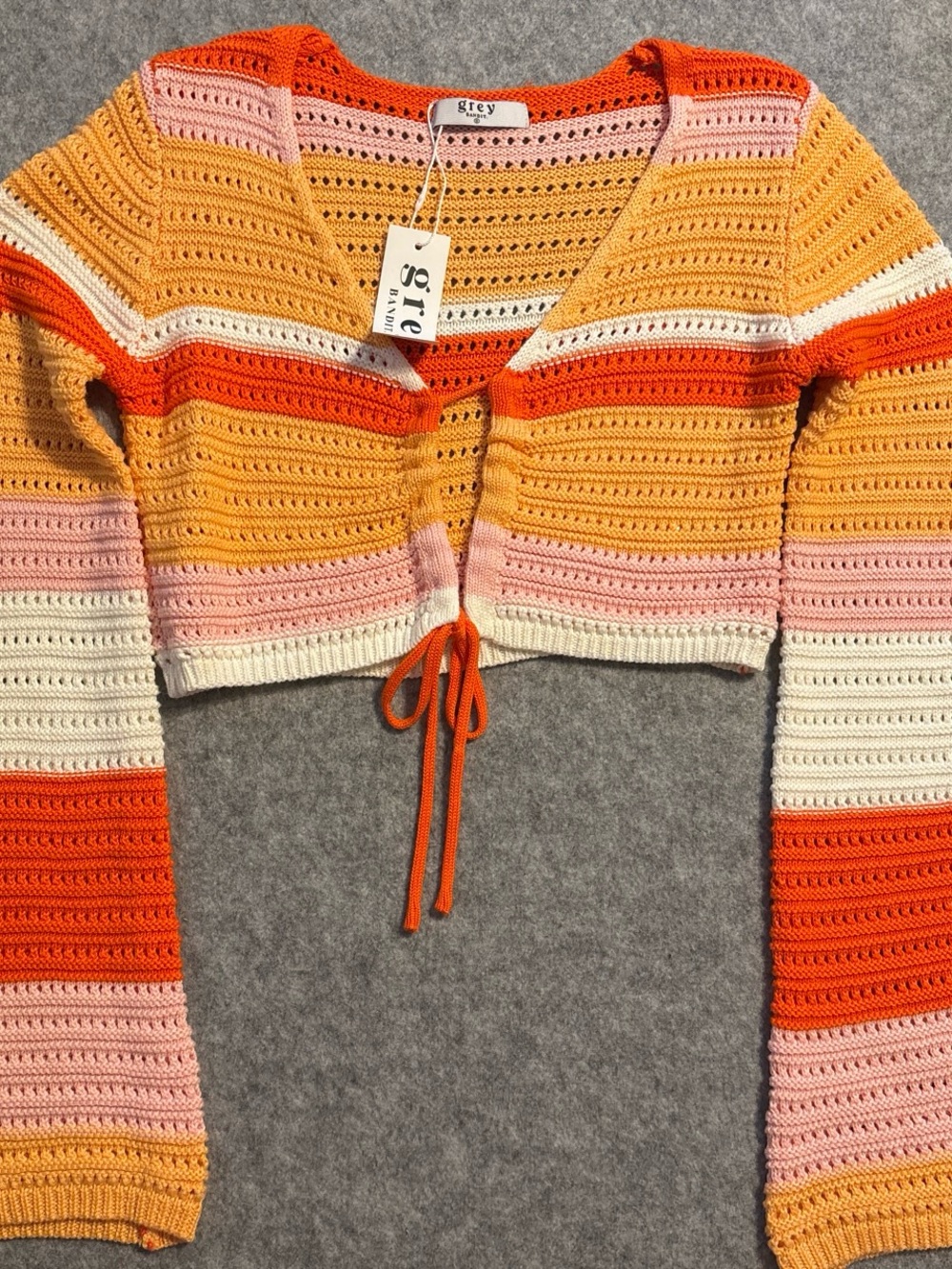 Tie-Front Cropped Crochet Top — Orange, Pink & Cream